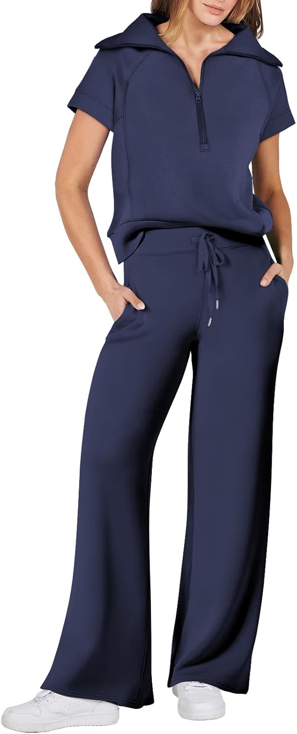 ANRABESS Women 2 Piece Outfits Summer Half Zip Sweatshirt Set