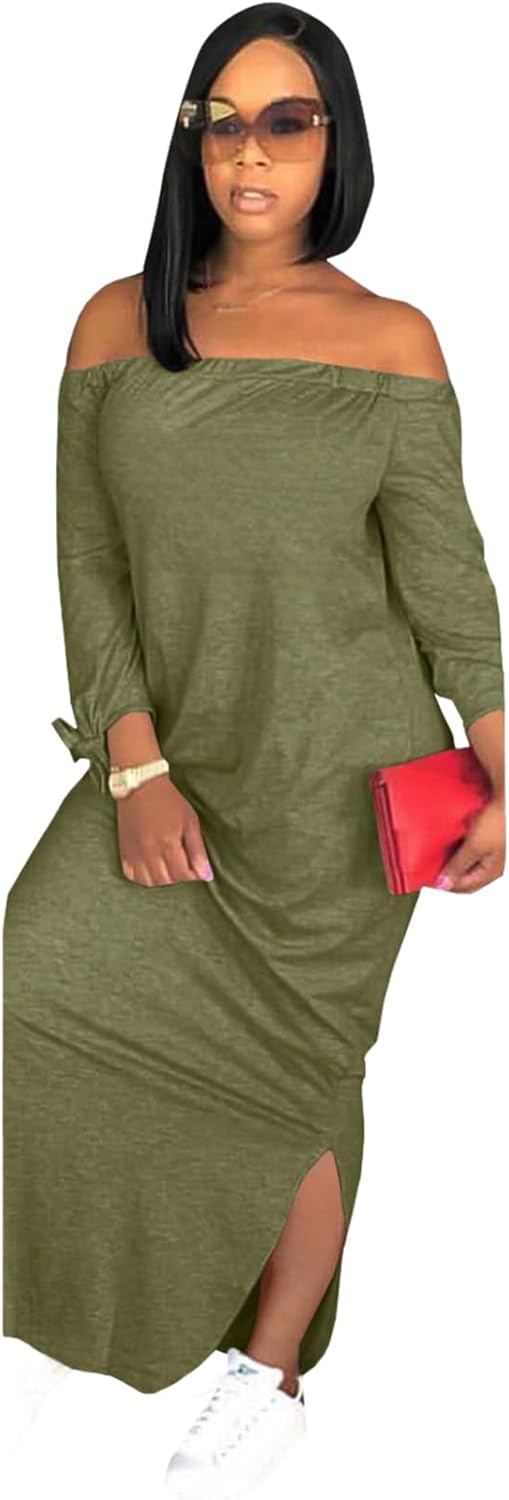 OLUOLIN Women's Casual Off Shoulder Long Sleeve Maxi Dress