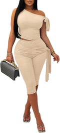 Vssjavun Women's 2 Piece Outfits One Shoulder Crop Top & Capri Set