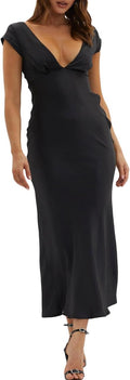 Halfisland Satin V Neck Cap Sleeve Backless Maxi Dress - Elegant Deep