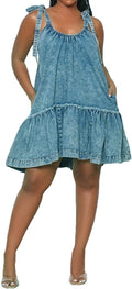 Women Denim Cami Dress with Tie Shoulders and Pockets - Babydoll