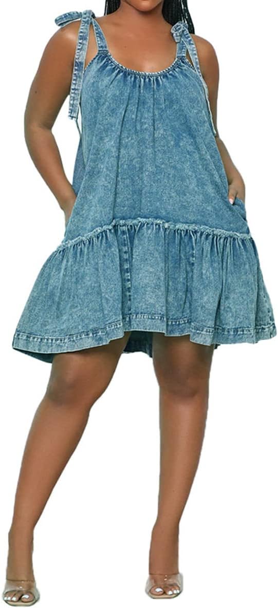 Women Denim Cami Dress with Tie Shoulder and Ruffle Hem