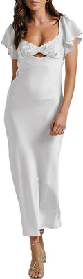 Summer Satin Flutter Sleeve Wedding Guest Midi Dress - Elegant Tie