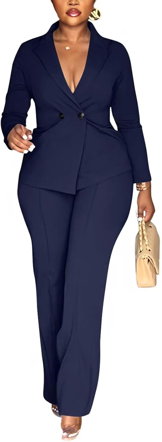 Stylish Women Double Breasted Blazer Pants Suit for Work