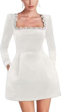 Long Sleeve Velvet Mini Wedding Dress for Bride - Beaded Square Neck