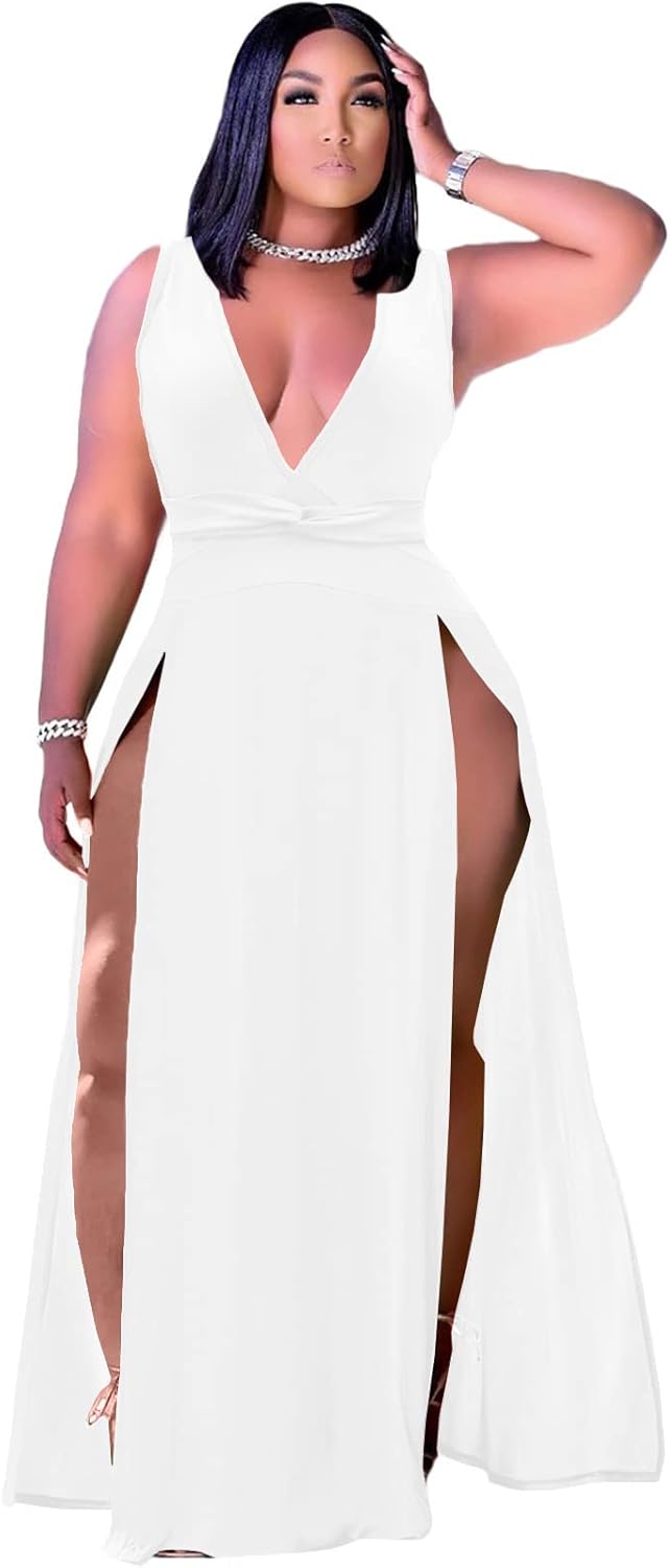Stylish Plus Size Sleeveless Deep V Neck Maxi Wrap Dress