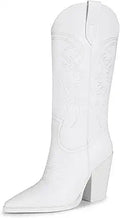 ISNOM Cowgirl Boots for Women Embroidered Pointed Toe Chunky Heel