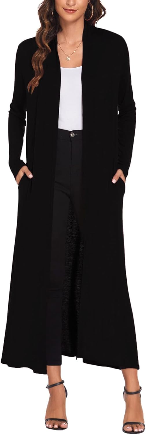 Bluetime Women Floor Length Open Front Cardigan with Pockets