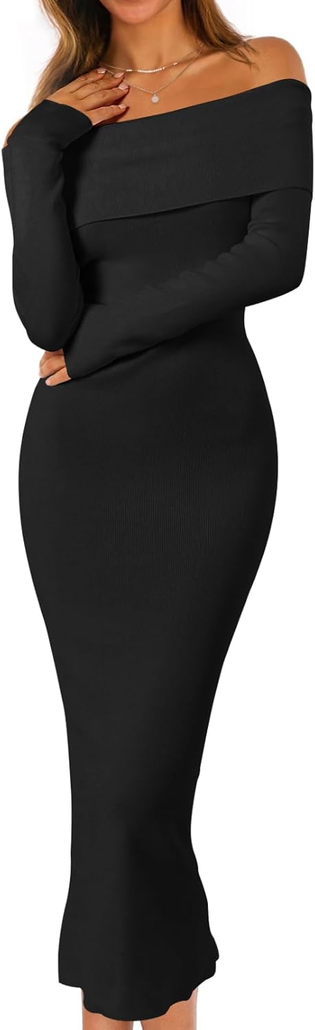 MEROKEETY Women's Fall Off Shoulder Bodycon Sweater Dress Review