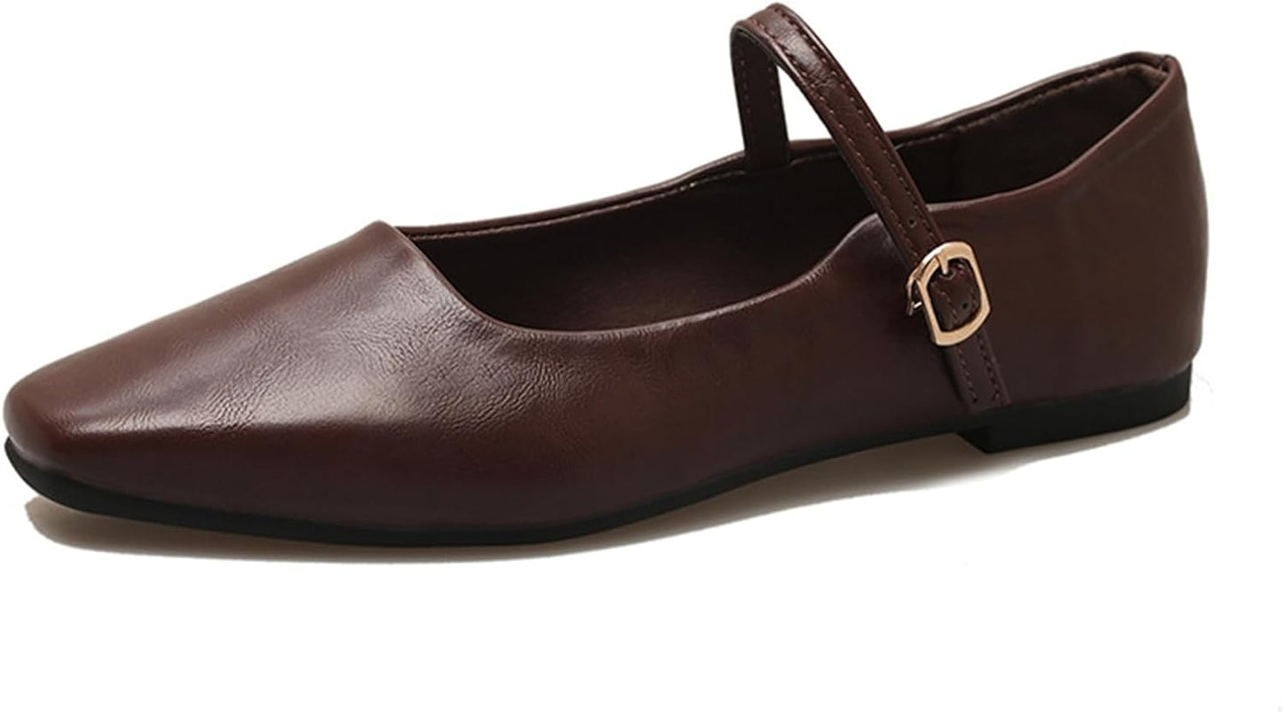 Classic Leather Square Toe Flat Mary Jane Shoes for Women