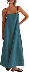 Linen Maxi Dress Contrast Spaghetti Strap Backless Slip Dress - Casual