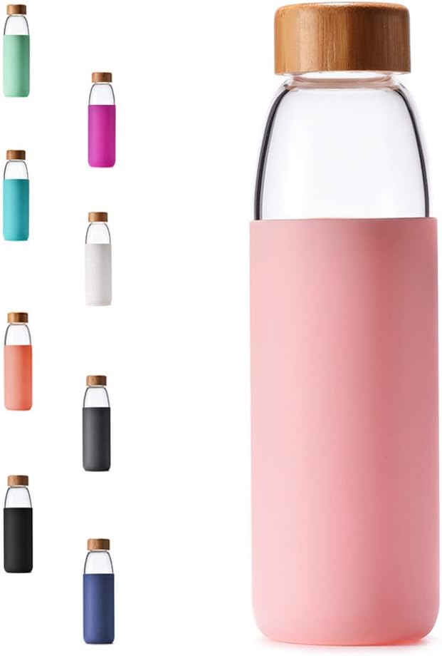 18 Oz Glass Water Bottle with Bamboo Lid - BPA-Free & Leak-Proof