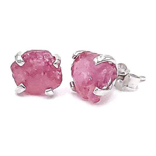 Natural Raw Ruby Stud Earrings in White Gold Over Silver