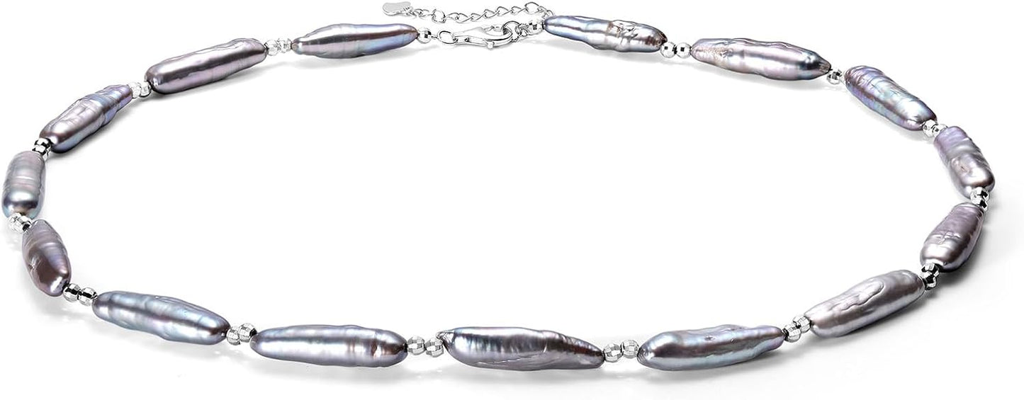 Freshwater Baroque Pearl Necklace with Hand-Carved Silver Beads