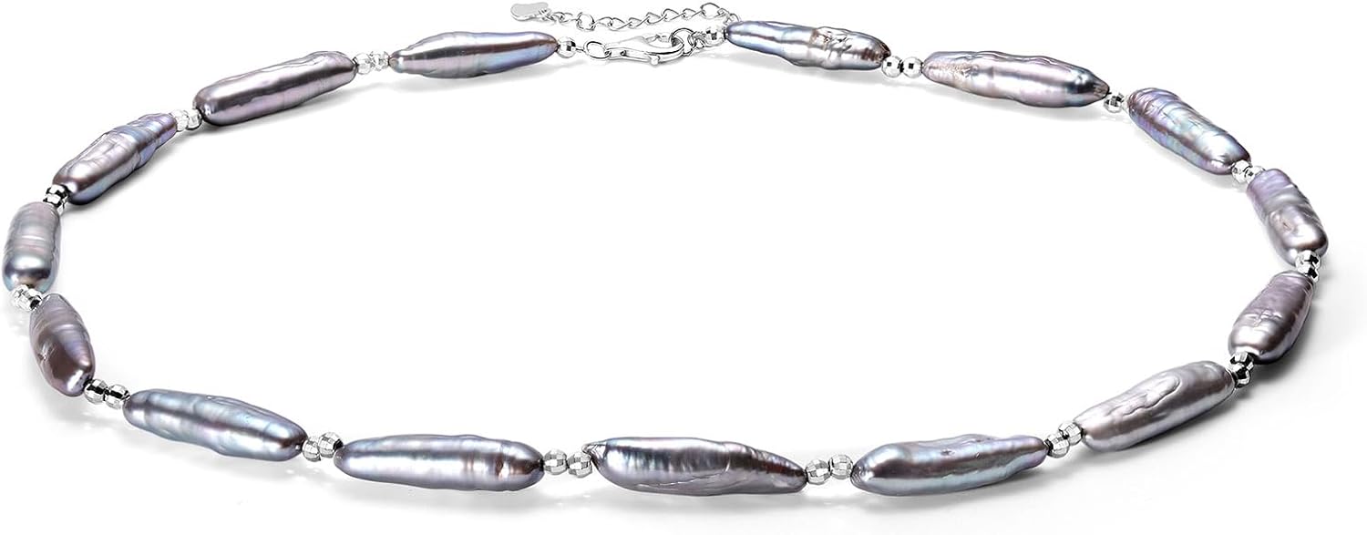 Freshwater Baroque Pearl Necklace with Hand-Carved Silver Beads