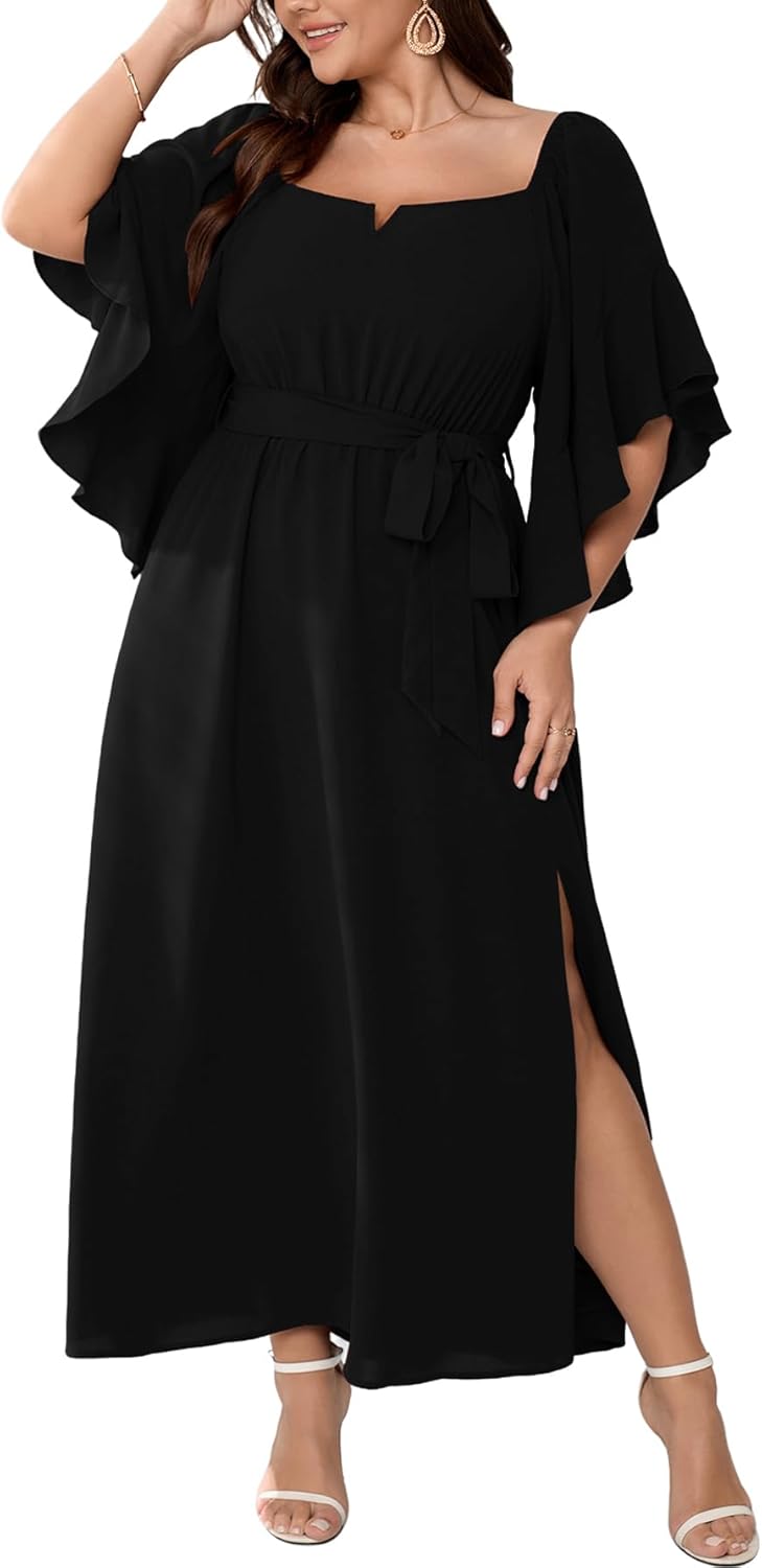 Plus Size Wedding Guest Maxi Dress with Ruffle Sleeves and Slit