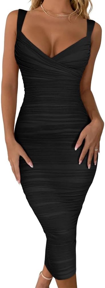 BEAGIMEG Women's Sexy Bodycon Sleeveless Ruched Midi Dress