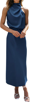 Sleeveless Mock Neck Satin Maxi Dress - Flattering High Waist Evening