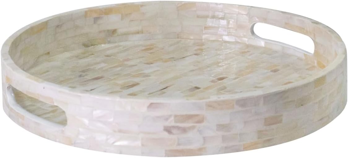 PEMAR 12.6 Mother of Pearl Round Serving Tray with Handles