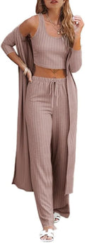 Womens 3 Piece Ribbed Lounge Set - Cardigan Crop Top Pants