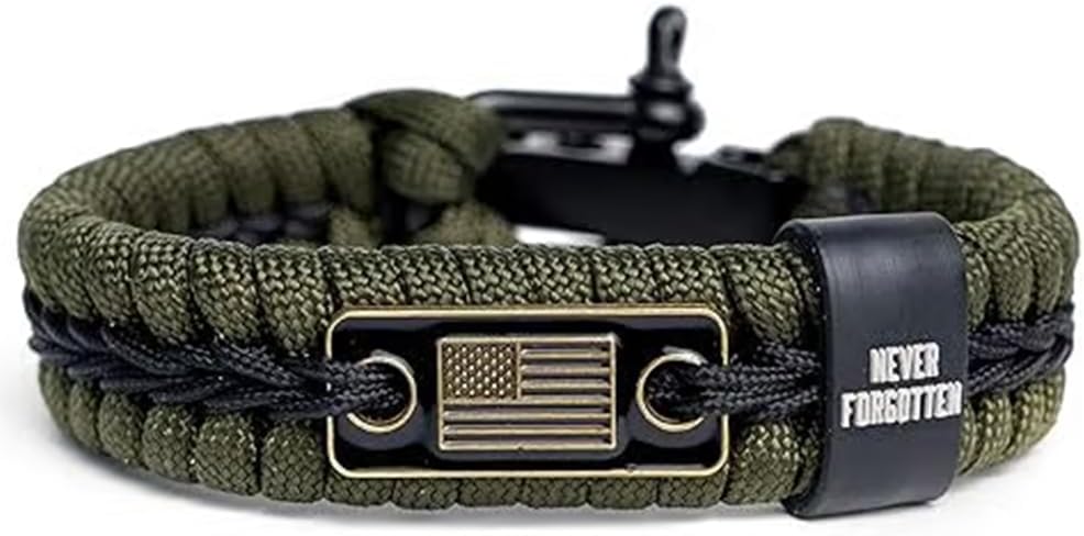 Never Forgotten Black Paracord Bracelet - Handmade Tactical Survival with USA Flag Charm