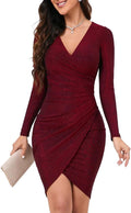 IHOT Women's Glitter Party Dresses V Neck Long Sleeve Bodycon - Ruched