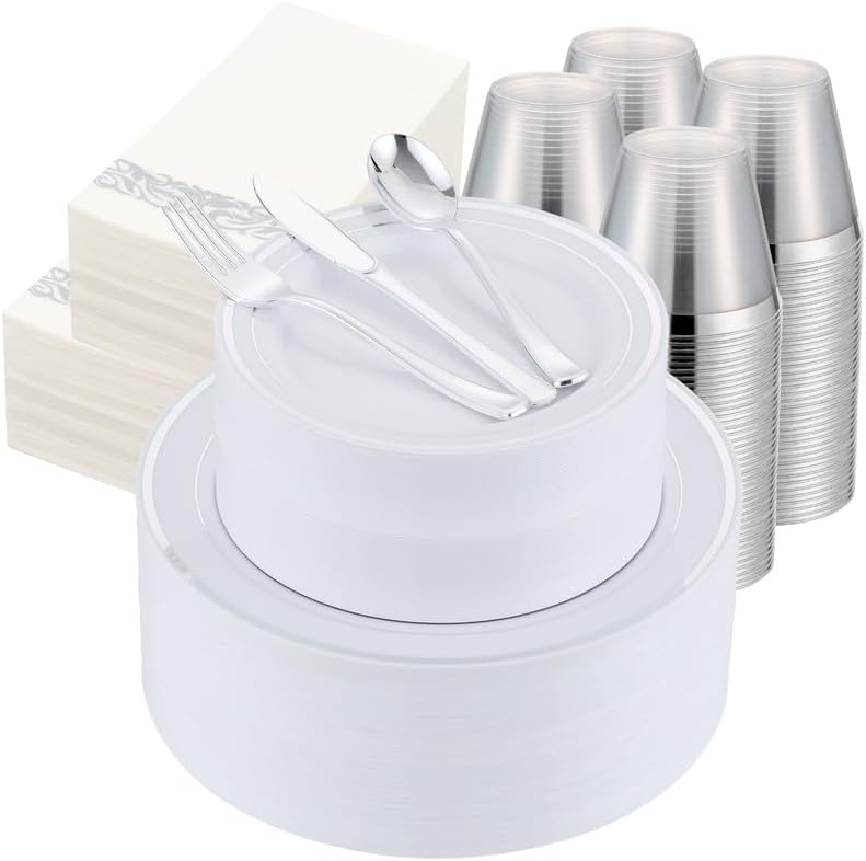 700 PCS Silver Plastic Dinnerware Set for 100 Guests Parties