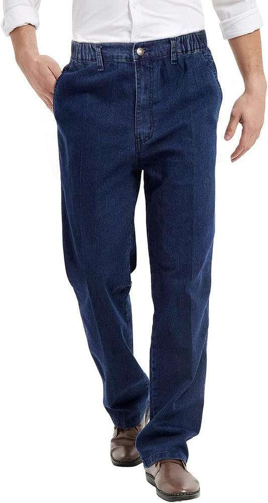 Mens Elastic Waist Jeans with Zipper and Button for Comfort