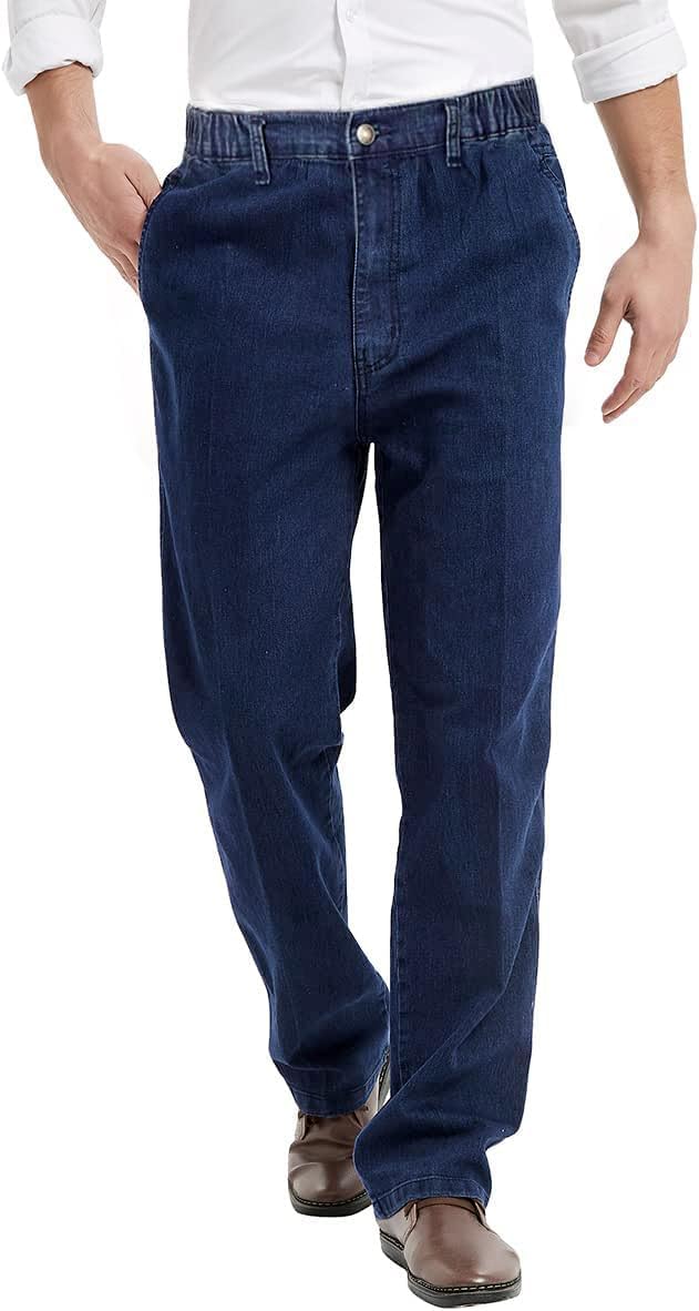 Mens Elastic Waist Jeans with Zipper and Button for Comfort