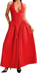 Deep V Neck Dress Halter Maxi - Flattering Vacation & Date Night