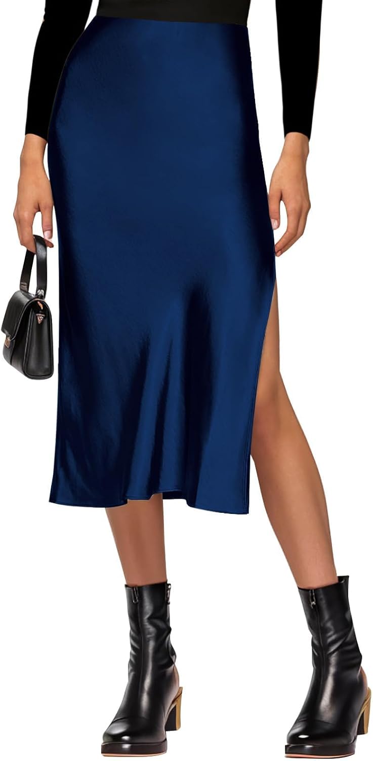 Satin High Waisted Midi Skirt with Side Slit for Women