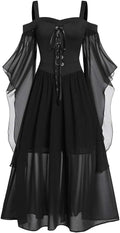 Women's Gothic Punk Dress Cold Shoulder Butterfly Sleeve Maxi Dress