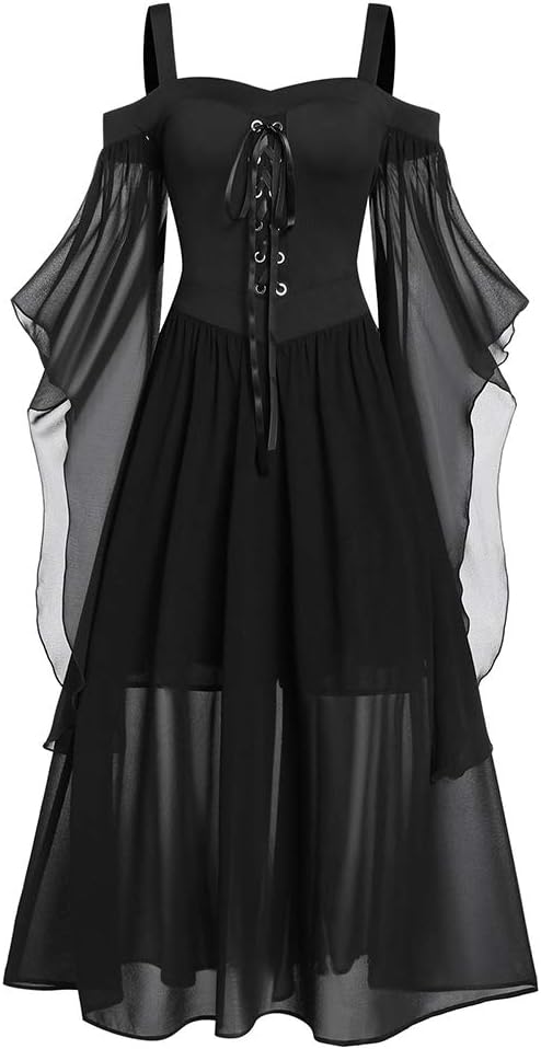 Women's Gothic Punk Dress with Cold Shoulder and Butterfly Sleeves