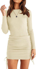 Long Sleeve Ribbed Knit Bodycon Mini Dress - Adjustable Ruched Fit Out