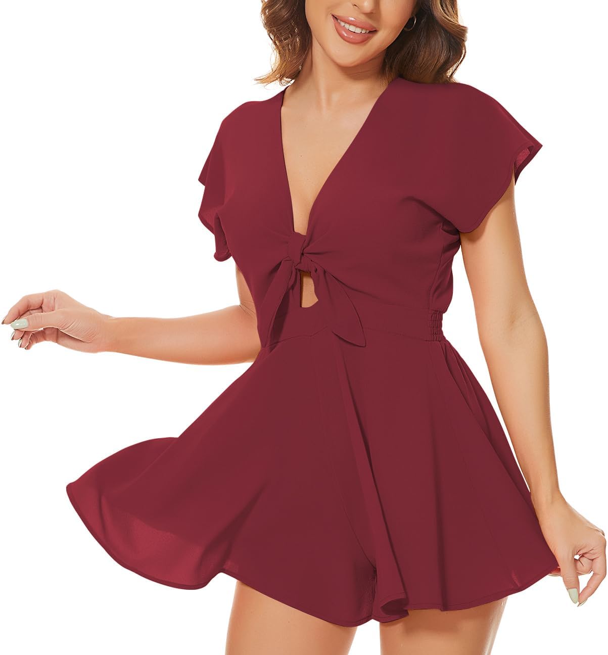 AGQT Women's Sexy V-Neck Self-Tie Front Romper for Summer Fun