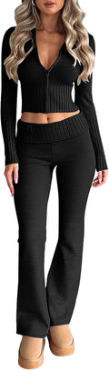LILLUSORY Women's 2 Piece Knit Set Slim Fit Zip Up Hooded Flare Pants