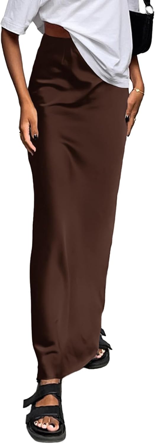 Elegant Satin Silky High Waist A Line Maxi Long Skirt for Women
