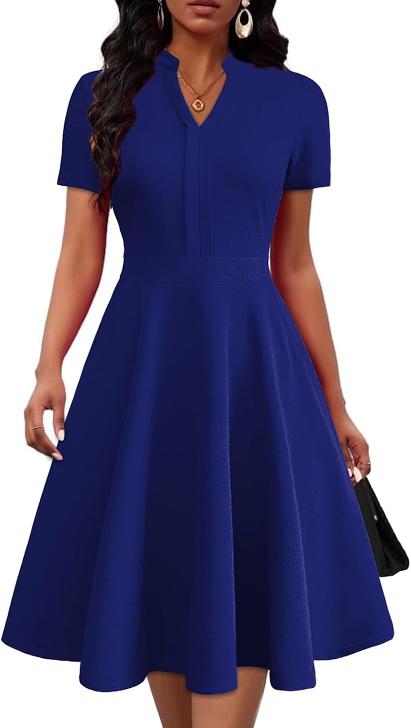 Mokayee Womens Summer Short Sleeve V Neck Fit and Flare Dress