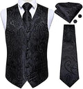 Mens Silk Black Paisley Vest and Tie Set - Formal Waistcoat Ensemble
