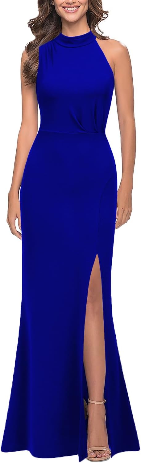 WOOSEA Women Sleeveless High Neck Sexy Split Evening Dress