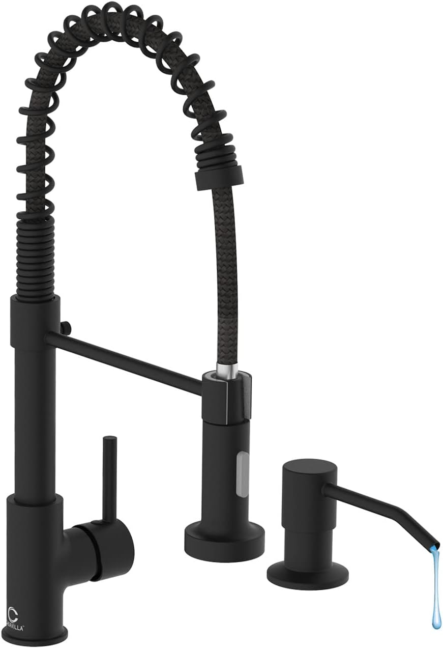 Black Kitchen Faucet with Soap Dispenser and Pull Down Sprayer