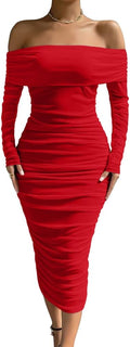 LAGSHIAN Elegant Ruched Bodycon Dress - Alluring Off-Shoulder Style
