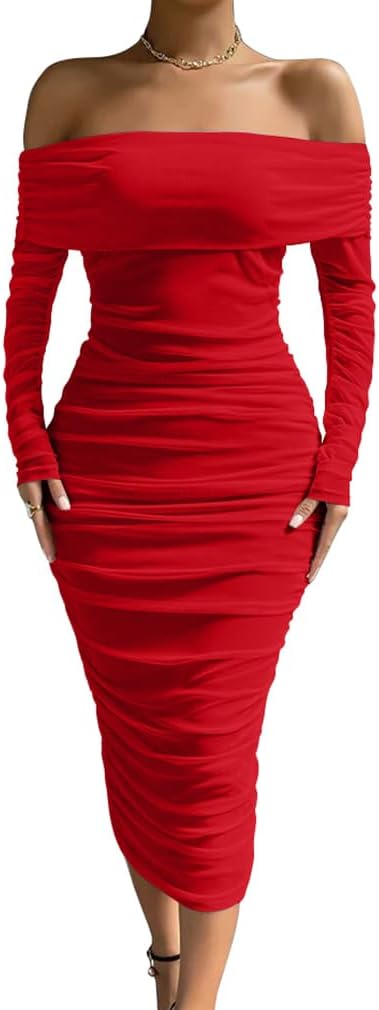 LAGSHIAN Elegant Ruched Bodycon Dress - Alluring Off-Shoulder Style
