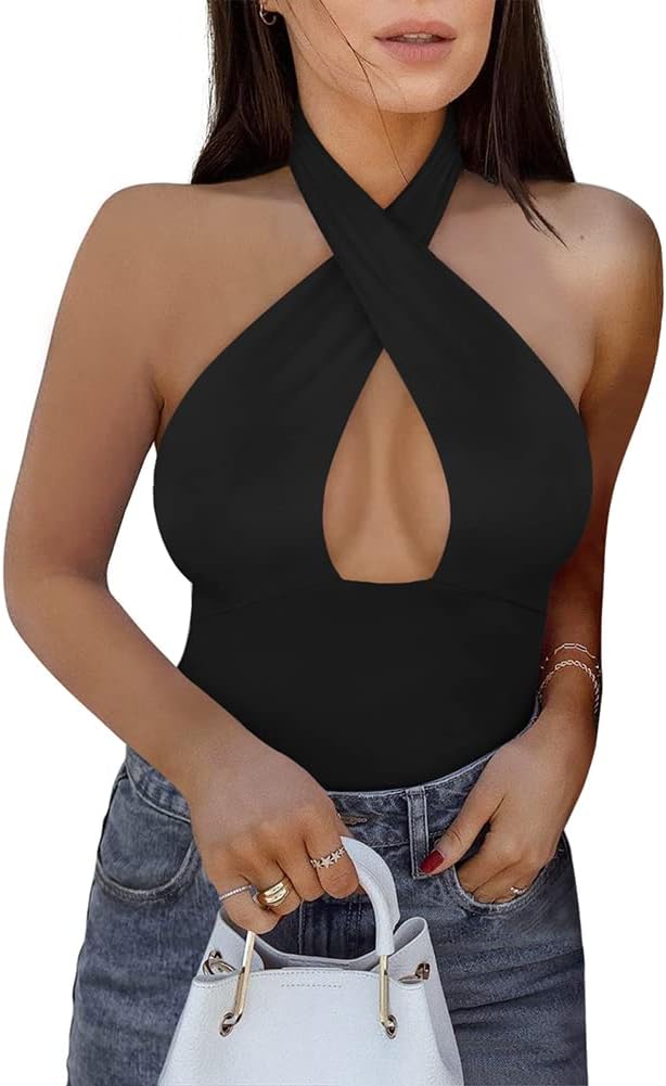Trendy Sexy Criss Cross Halter Neck Bodysuits for Women