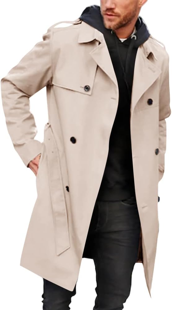 Gafeng Men's Trench Coat Slim Fit Double Breasted Windbreaker