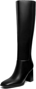 Athlefit Women Knee High Boots Chunky Heel Square Toe - Stylish