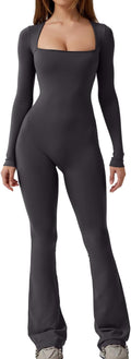 Square Neck Wide Leg Jumpsuit for Women - Long Sleeve Full Length
