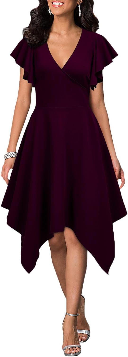 WOOSEA Women's Deep V Neck Asymmetrical A Line Cocktail Dress