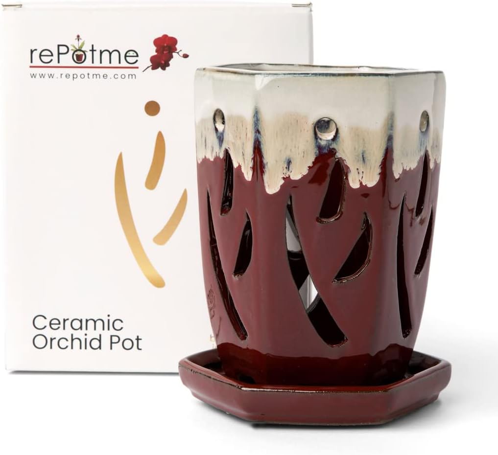 Ceramic Orchid Pot with Holes - Stunning Hexagon Design