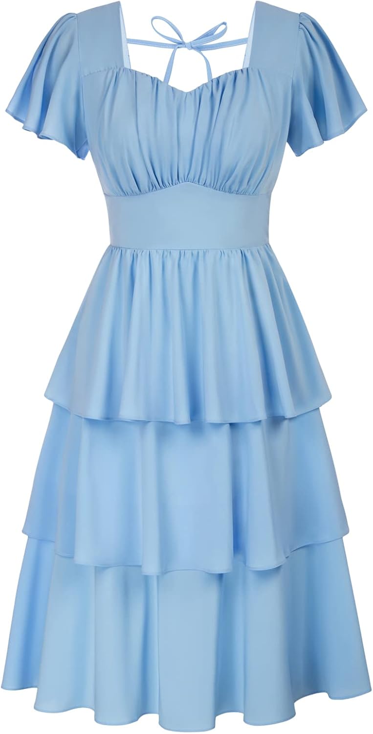 Belle Poque Women's Square Neck Tiered Ruffle Dress for Summer